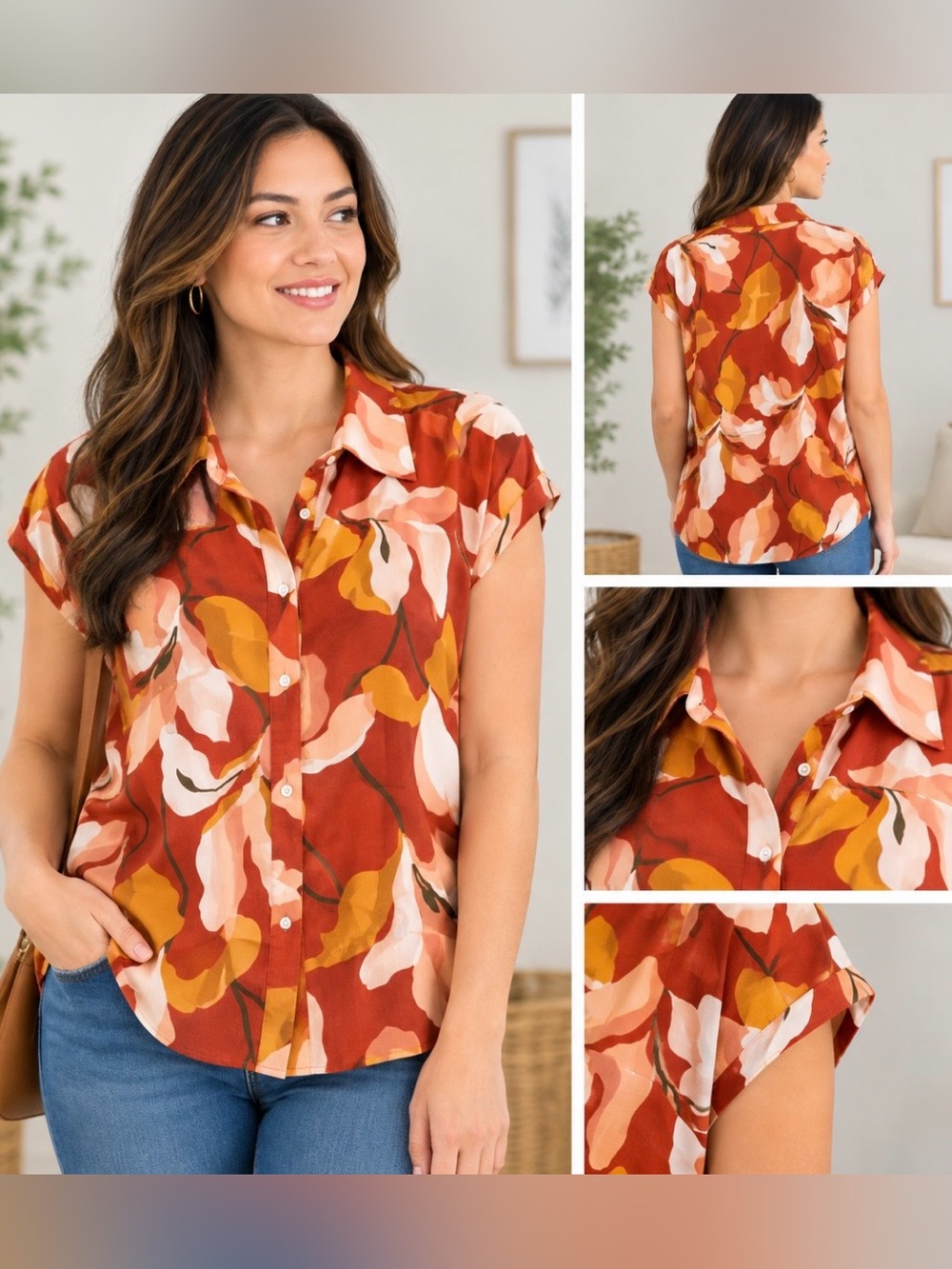 Ann Taylor Fall Floral Print Orange & Cream Blouse XL Short Sleeve